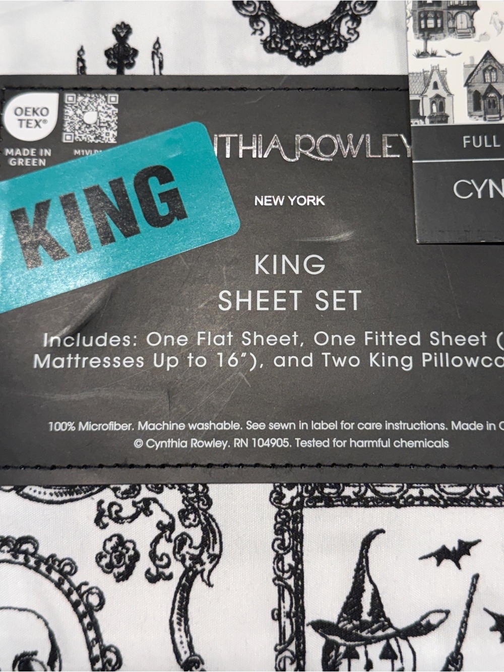 Cynthia Rowley King Sheet Set Halloween Gothic Skulls Pumpkins Black White 4pc - Picture 3 of 7